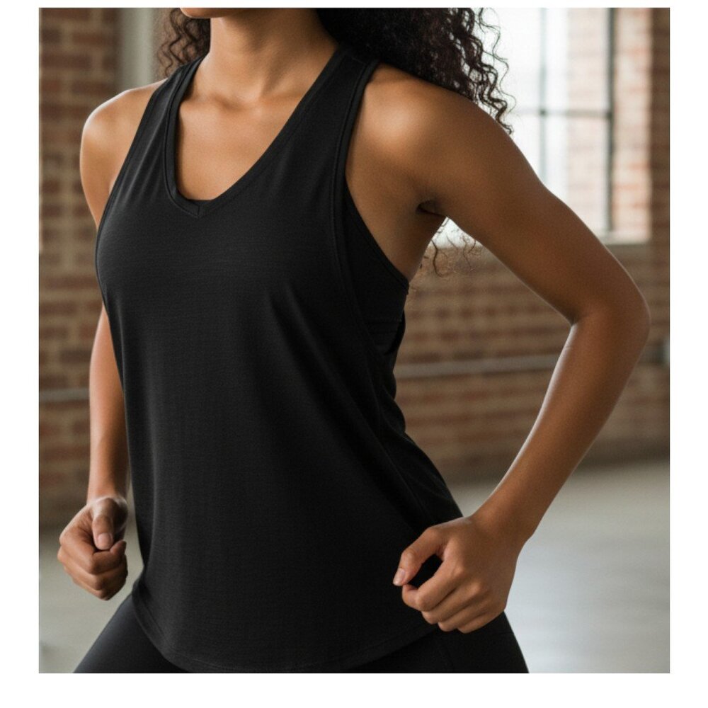 LUCY Black Mesh‎ V Neck Racerback Tank Top Yoga Pilates Gym Workout -  Small